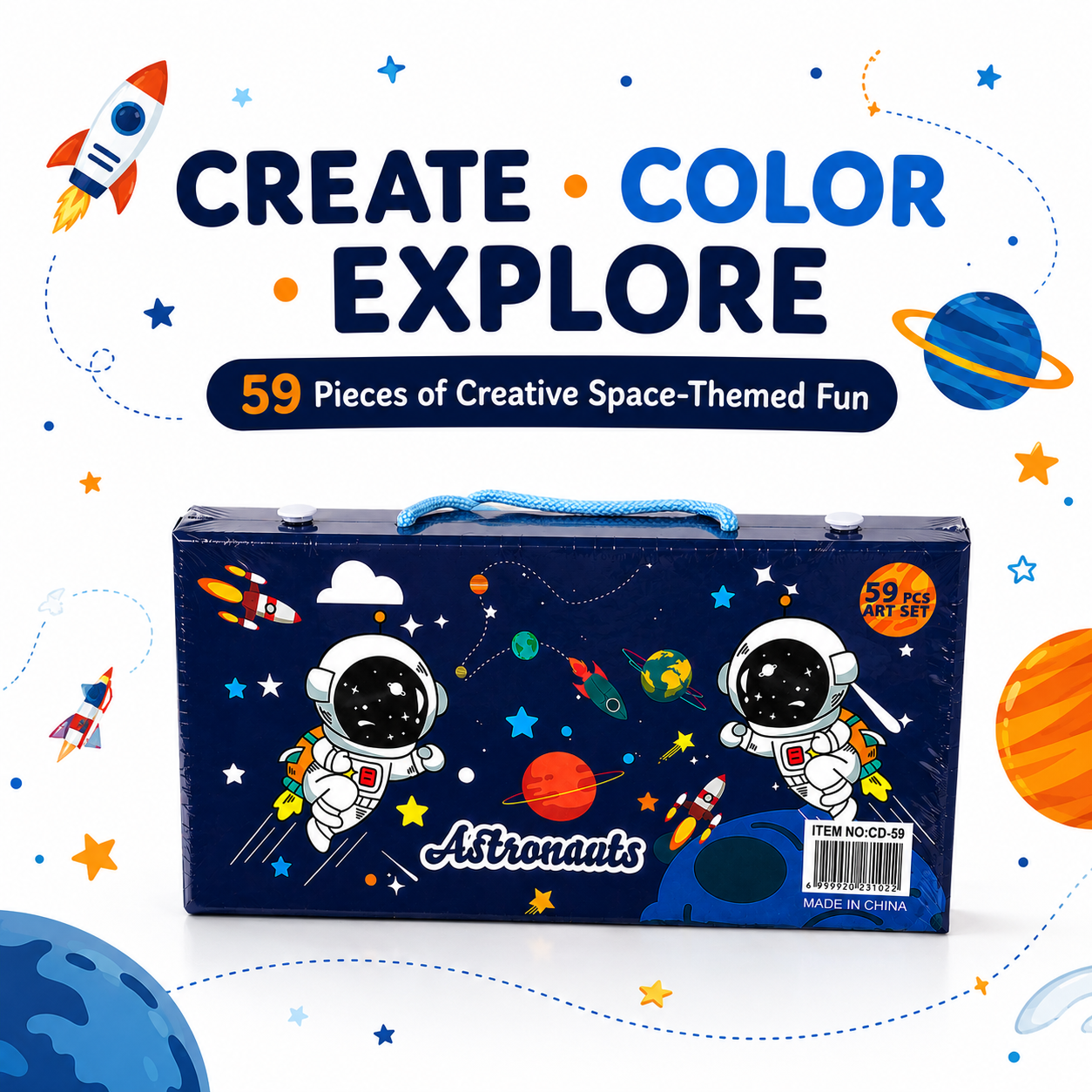 59-Piece Kids Art Set  Space-Themed Creative Drawing & Colouring Kit with Complete Art Supplies, Portable Carrying Case
