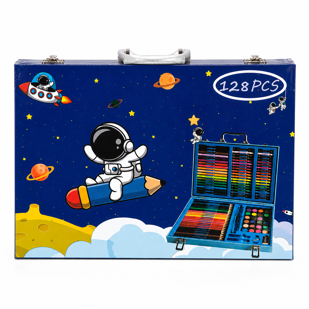 128-Piece Kids Art & Craft Set in Space-Themed Carrying Case – Complete Drawing, Coloring & Painting Kit with Colored Pencils, Crayons, Markers, Paints & Art Supplies