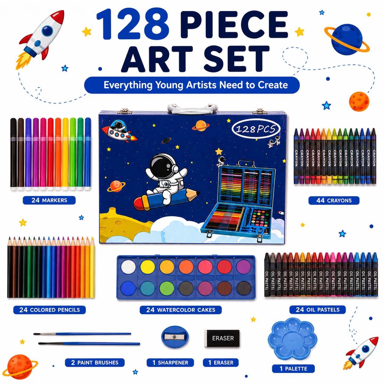 128-Piece Kids Art & Craft Set in Space-Themed Carrying Case – Complete Drawing, Coloring & Painting Kit with Colored Pencils, Crayons, Markers, Paints & Art Supplies