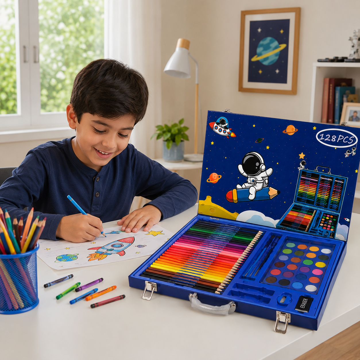 128-Piece Kids Art & Craft Set in Space-Themed Carrying Case – Complete Drawing, Coloring & Painting Kit with Colored Pencils, Crayons, Markers, Paints & Art Supplies