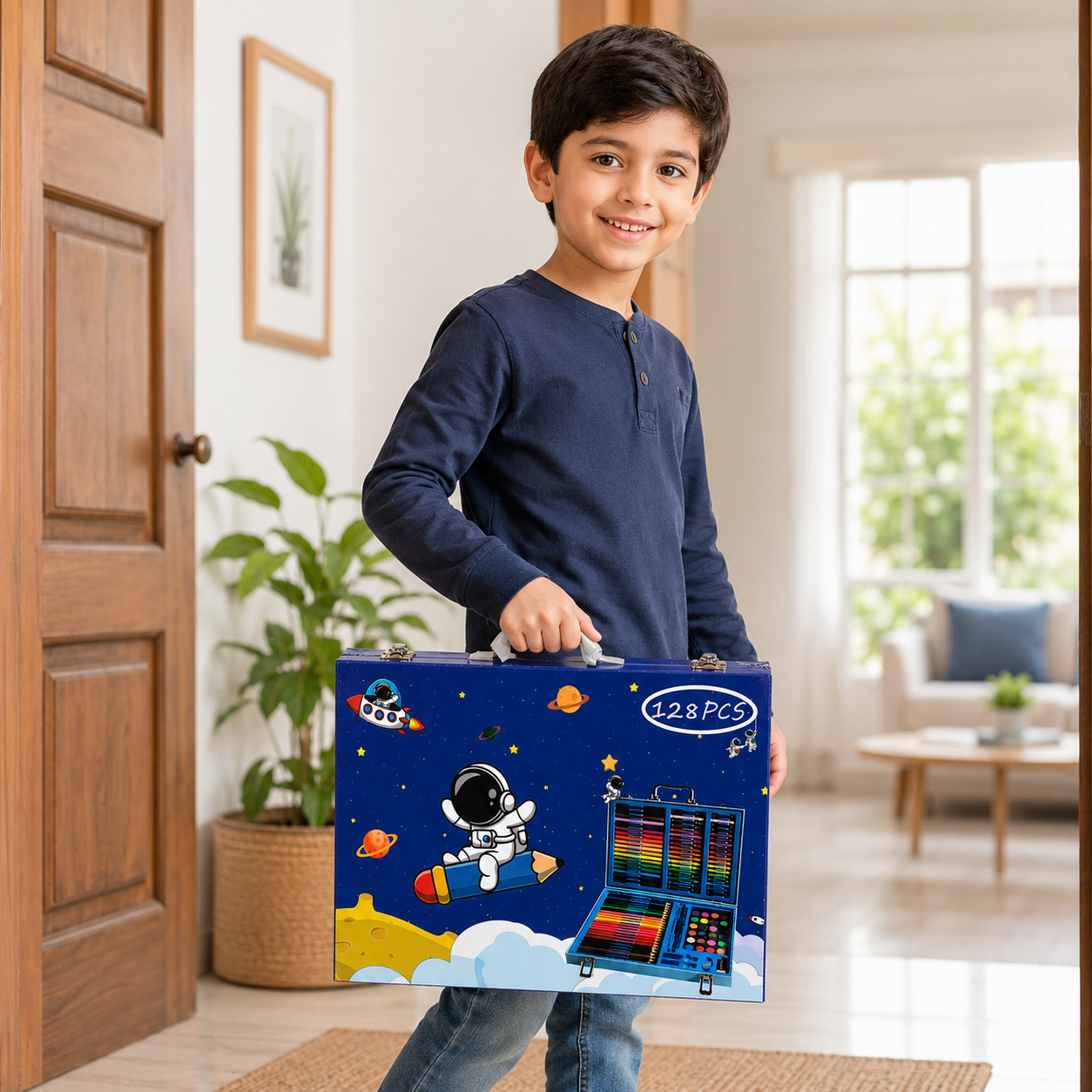 128-Piece Kids Art & Craft Set in Space-Themed Carrying Case – Complete Drawing, Coloring & Painting Kit with Colored Pencils, Crayons, Markers, Paints & Art Supplies