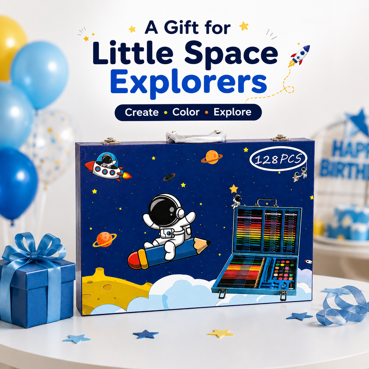 128-Piece Kids Art & Craft Set in Space-Themed Carrying Case – Complete Drawing, Coloring & Painting Kit with Colored Pencils, Crayons, Markers, Paints & Art Supplies