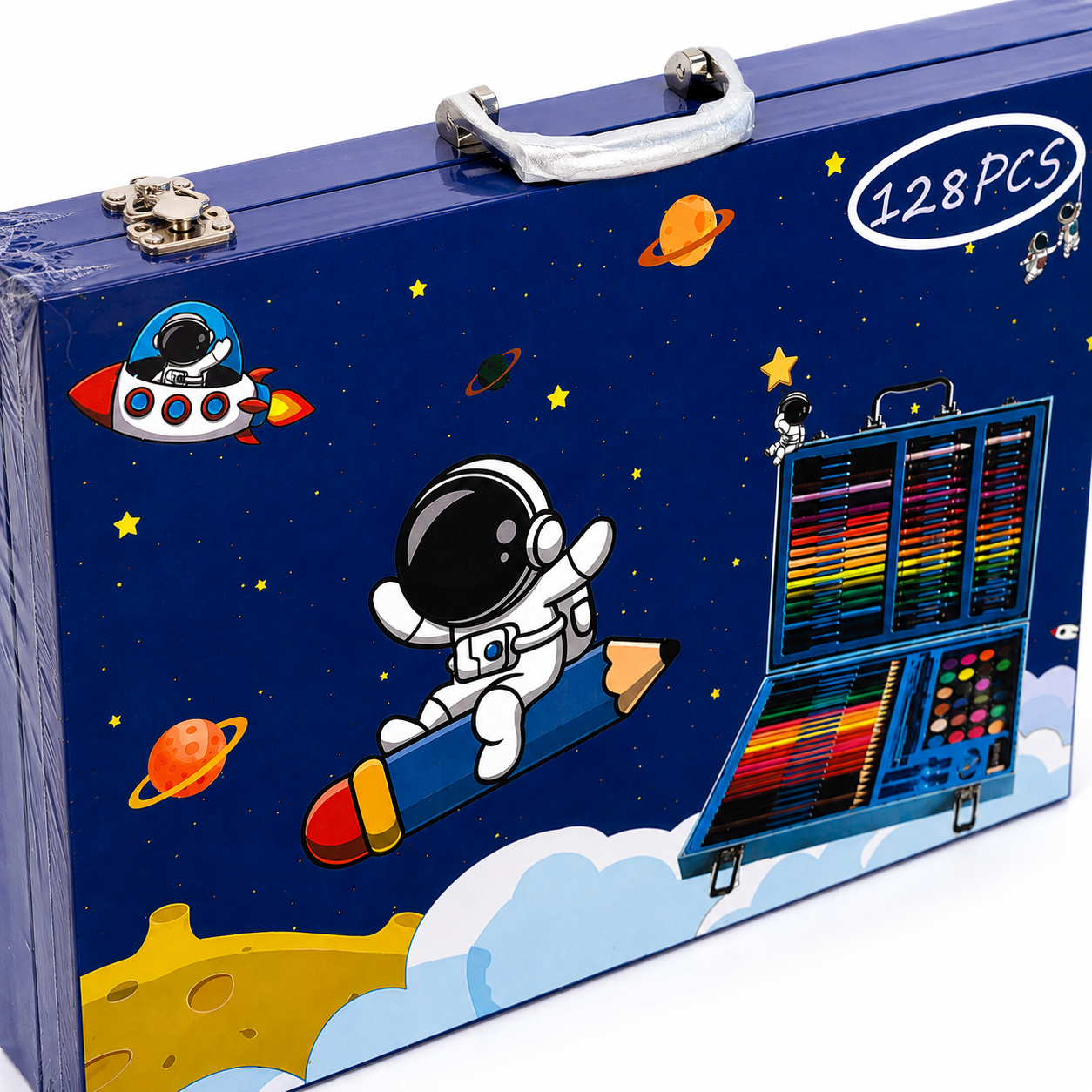 128-Piece Kids Art & Craft Set in Space-Themed Carrying Case – Complete Drawing, Coloring & Painting Kit with Colored Pencils, Crayons, Markers, Paints & Art Supplies