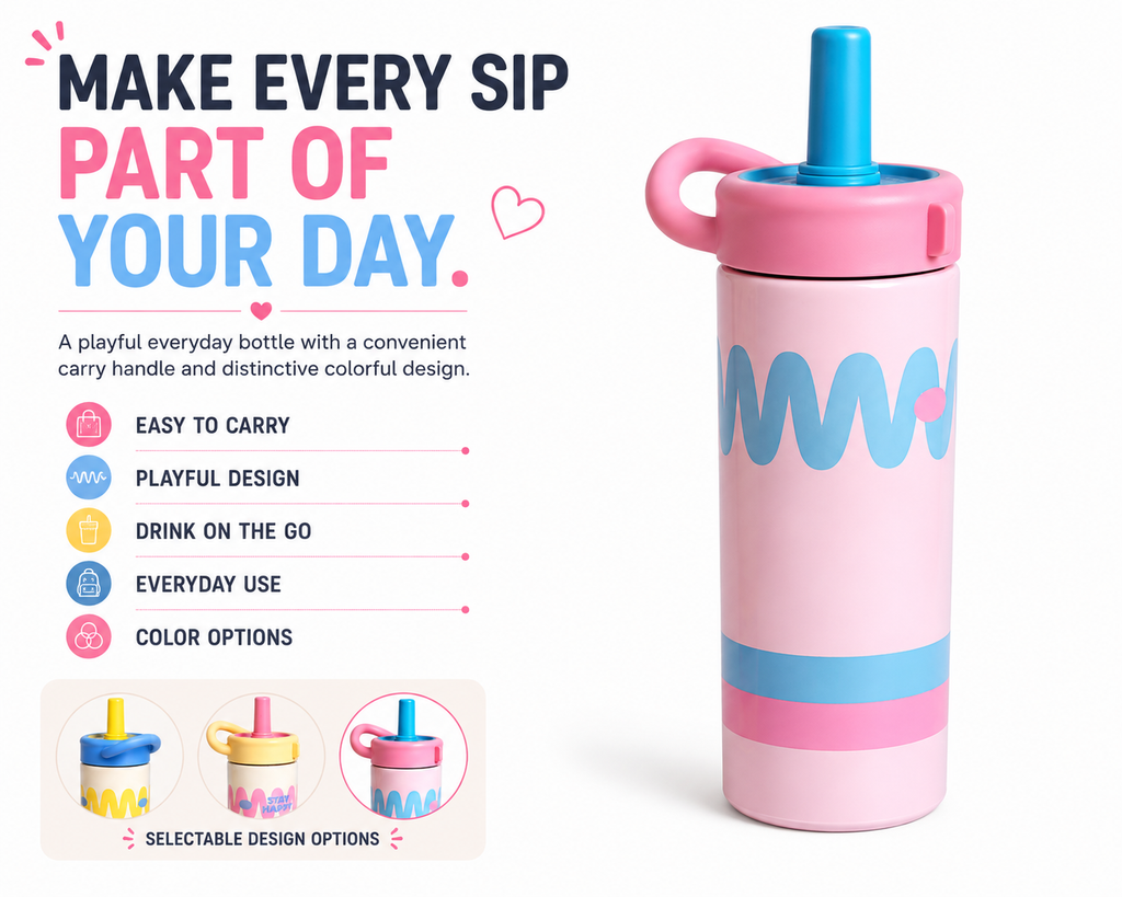 Kids Water Bottle with Straw – Cute Colorful Drinking Bottle with Easy-Grip Handle for School, Travel, Outdoor Activities & Everyday Use