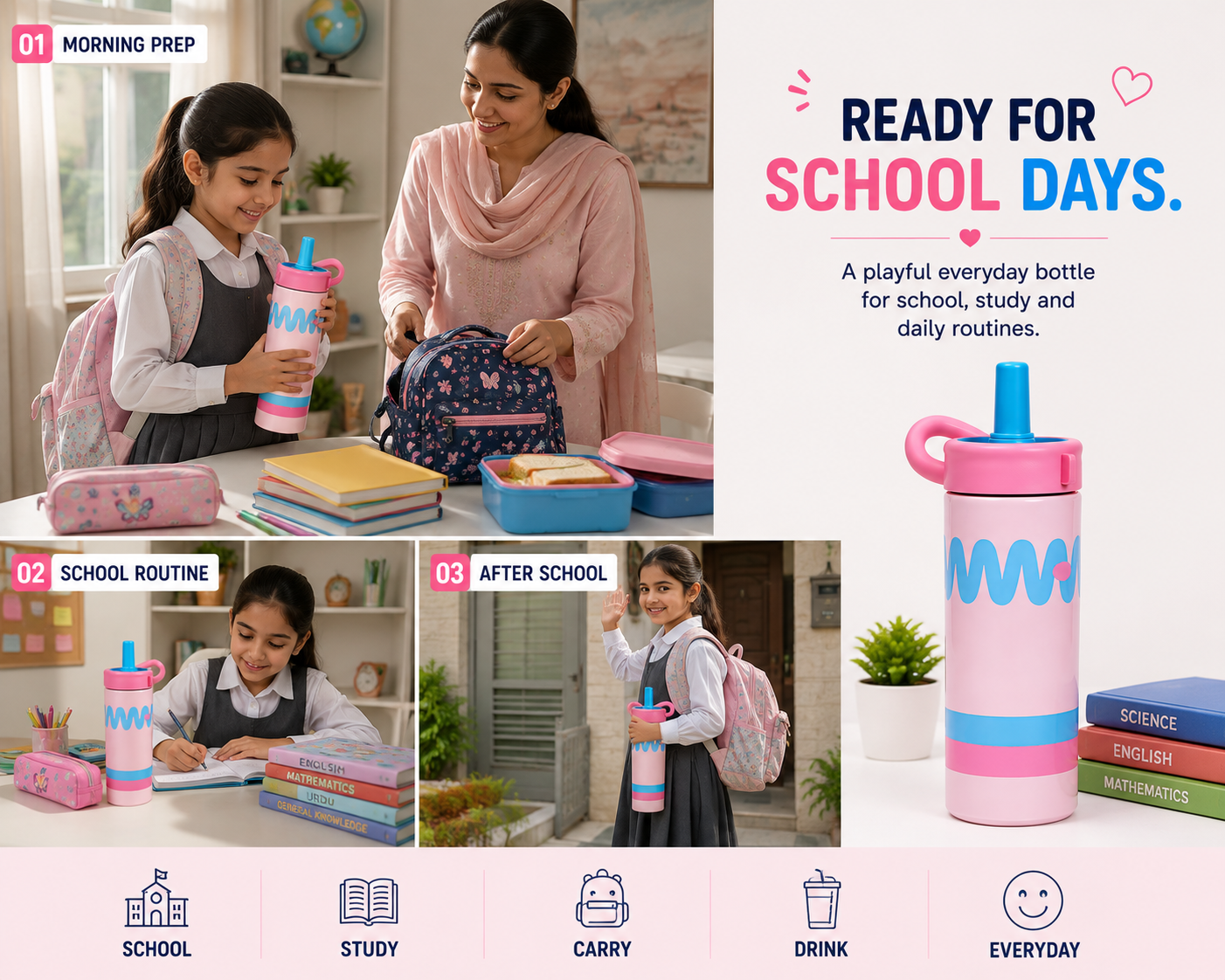 Kids Water Bottle with Straw – Cute Colorful Drinking Bottle with Easy-Grip Handle for School, Travel, Outdoor Activities & Everyday Use