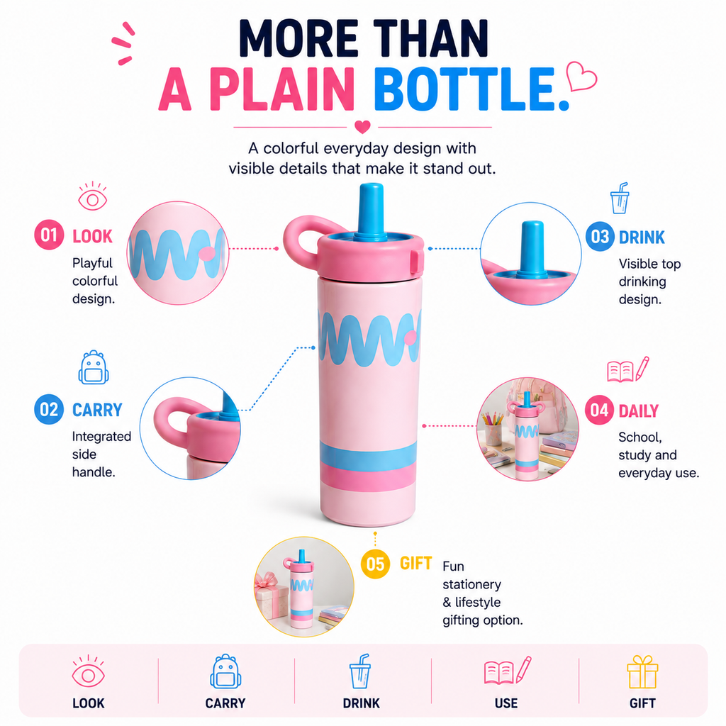 Kids Water Bottle with Straw – Cute Colorful Drinking Bottle with Easy-Grip Handle for School, Travel, Outdoor Activities & Everyday Use