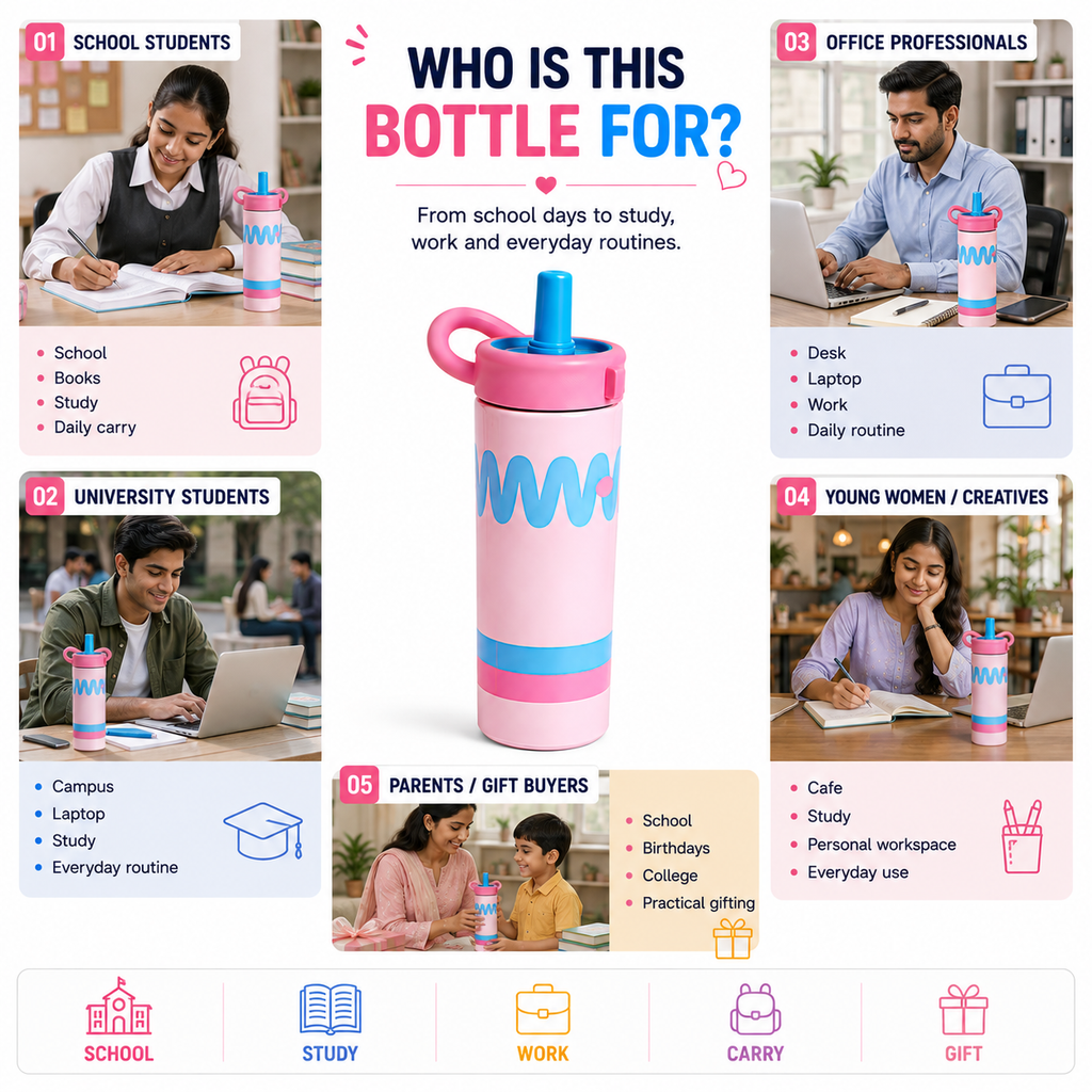 Kids Water Bottle with Straw – Cute Colorful Drinking Bottle with Easy-Grip Handle for School, Travel, Outdoor Activities & Everyday Use