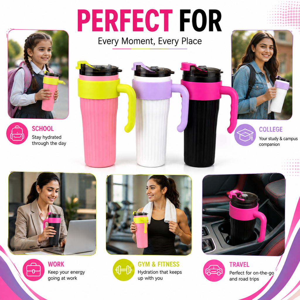 Flip-Top Water Bottle with Handle – Stylish Reusable Drinking Bottle with Secure Lid for School, Office, Travel, Gym & Everyday Hydration