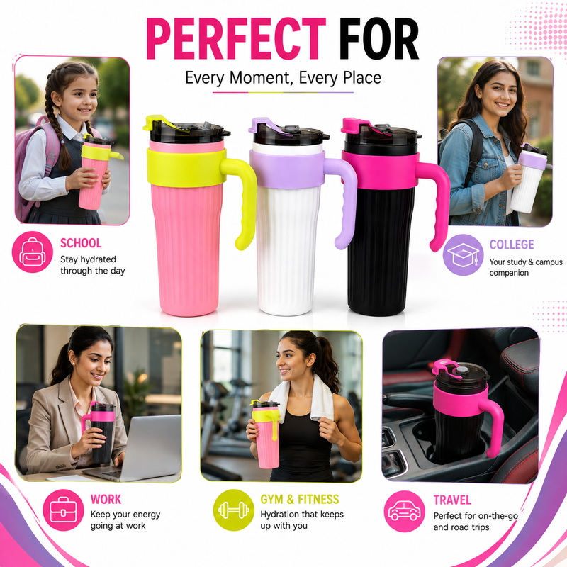 Flip-Top Water Bottle with Handle – Stylish Reusable Drinking Bottle with Secure Lid for School, Office, Travel, Gym & Everyday Hydration
