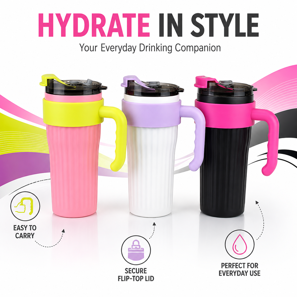 Flip-Top Water Bottle with Handle – Stylish Reusable Drinking Bottle with Secure Lid for School, Office, Travel, Gym & Everyday Hydration