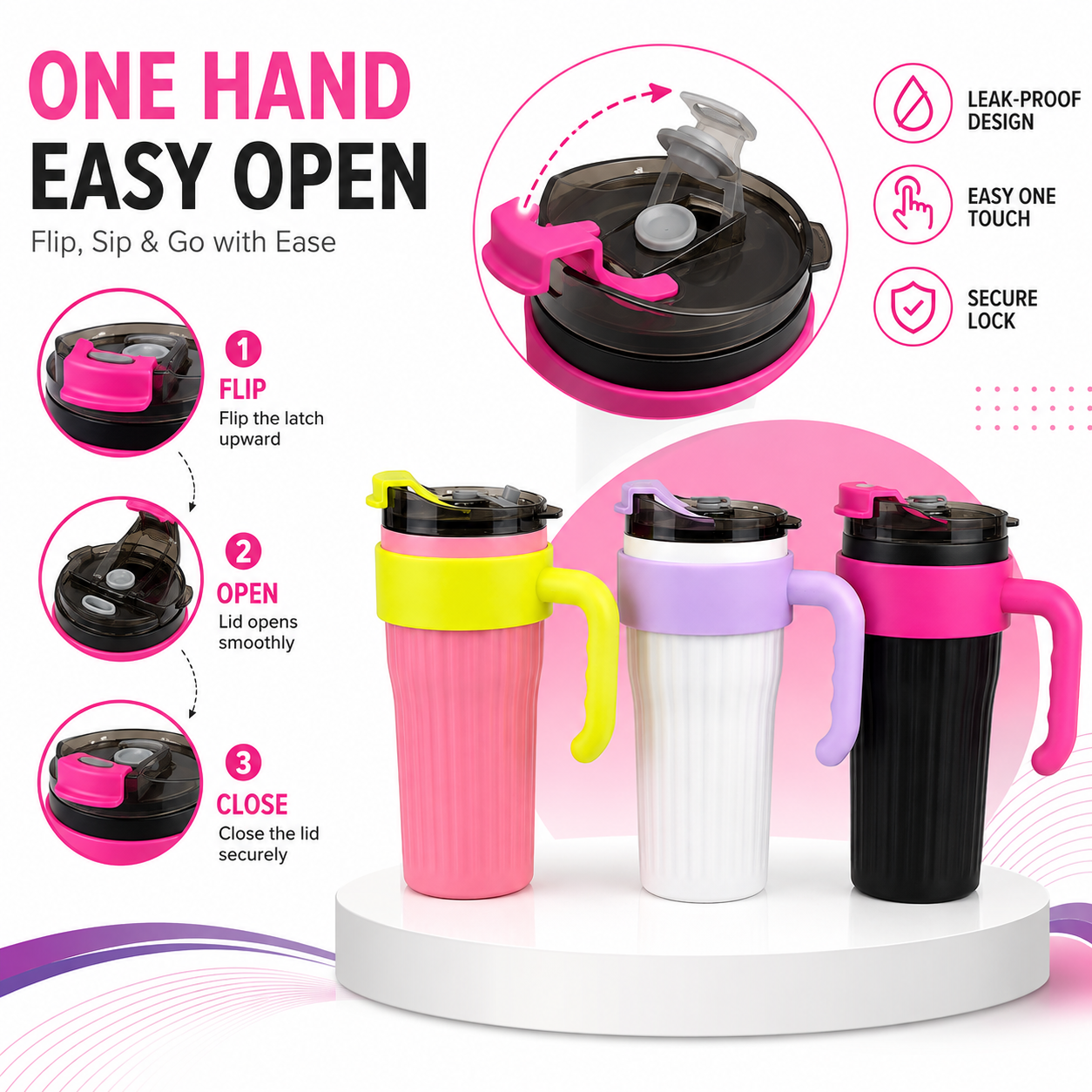 Flip-Top Water Bottle with Handle – Stylish Reusable Drinking Bottle with Secure Lid for School, Office, Travel, Gym & Everyday Hydration