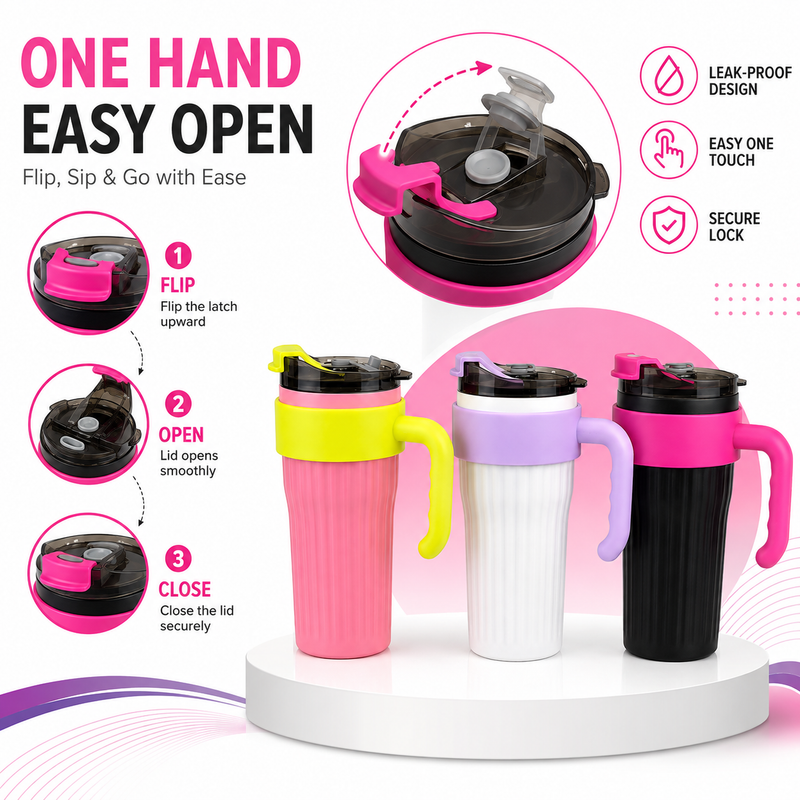 Flip-Top Water Bottle with Handle – Stylish Reusable Drinking Bottle with Secure Lid for School, Office, Travel, Gym & Everyday Hydration