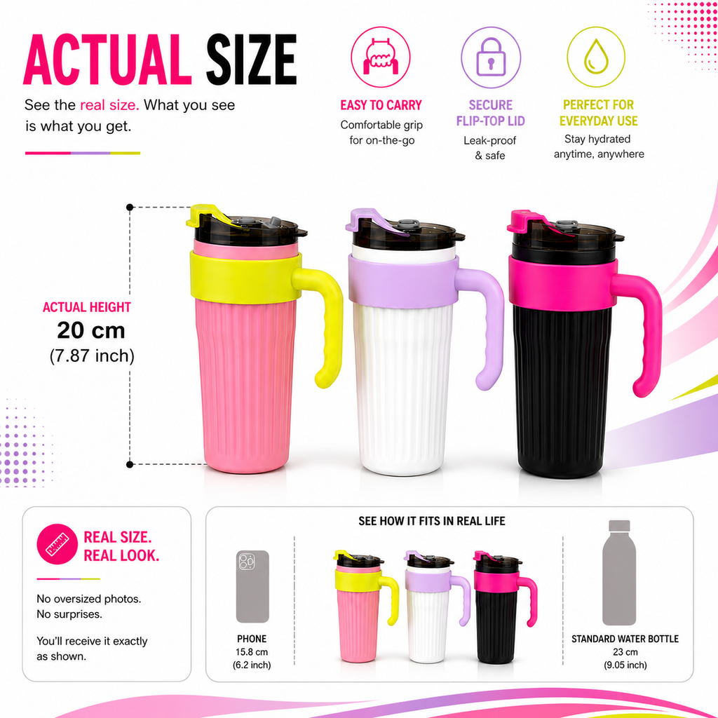 Flip-Top Water Bottle with Handle – Stylish Reusable Drinking Bottle with Secure Lid for School, Office, Travel, Gym & Everyday Hydration