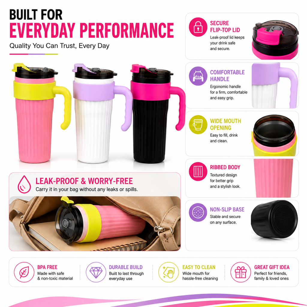 Flip-Top Water Bottle with Handle – Stylish Reusable Drinking Bottle with Secure Lid for School, Office, Travel, Gym & Everyday Hydration