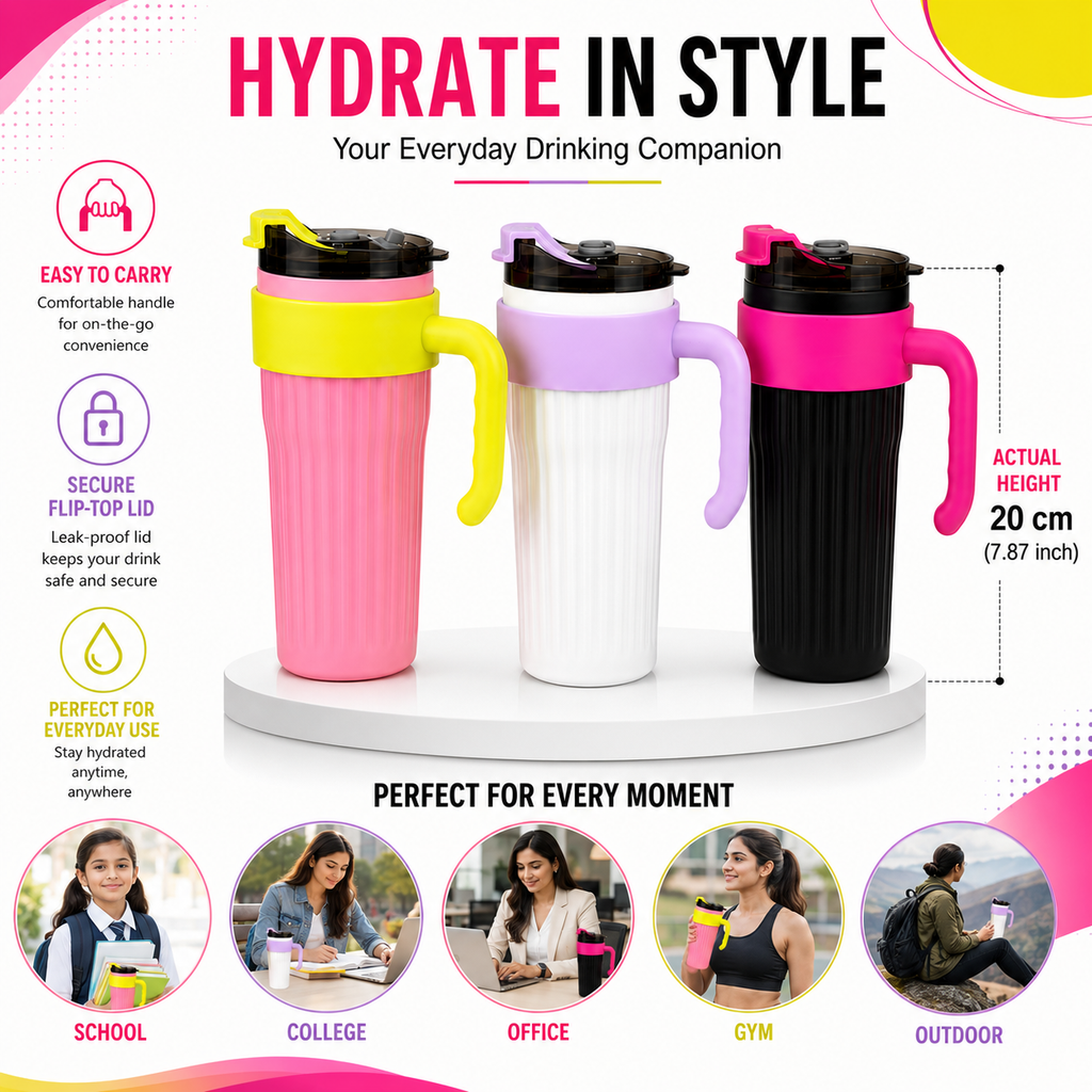 Flip-Top Water Bottle with Handle – Stylish Reusable Drinking Bottle with Secure Lid for School, Office, Travel, Gym & Everyday Hydration