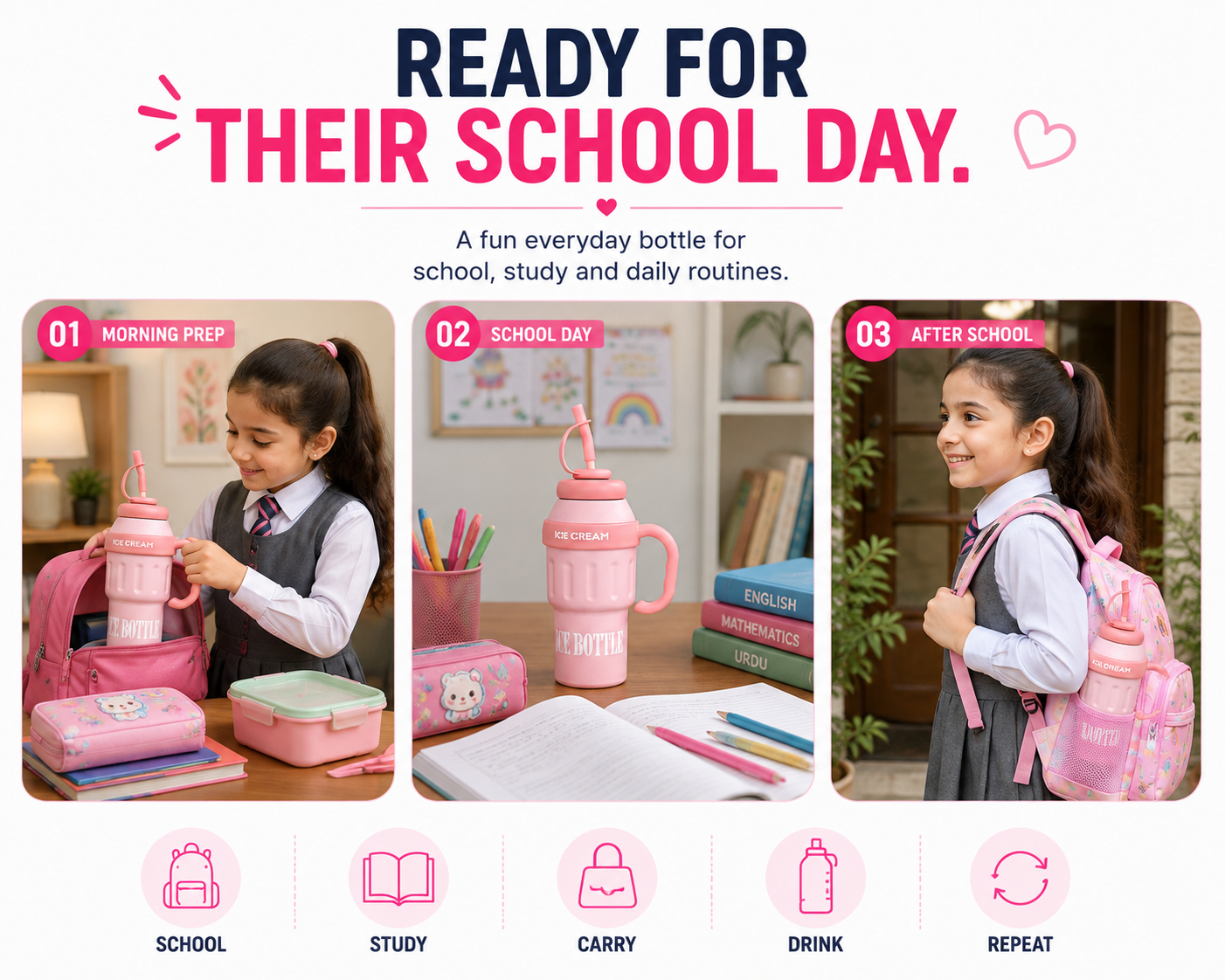 ce Cream Water Bottle for Kids – Cute Pink Drinking Bottle with Straw, Handle & Portable Design for School, Travel