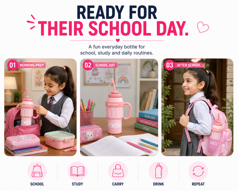 ce Cream Water Bottle for Kids – Cute Pink Drinking Bottle with Straw, Handle & Portable Design for School, Travel