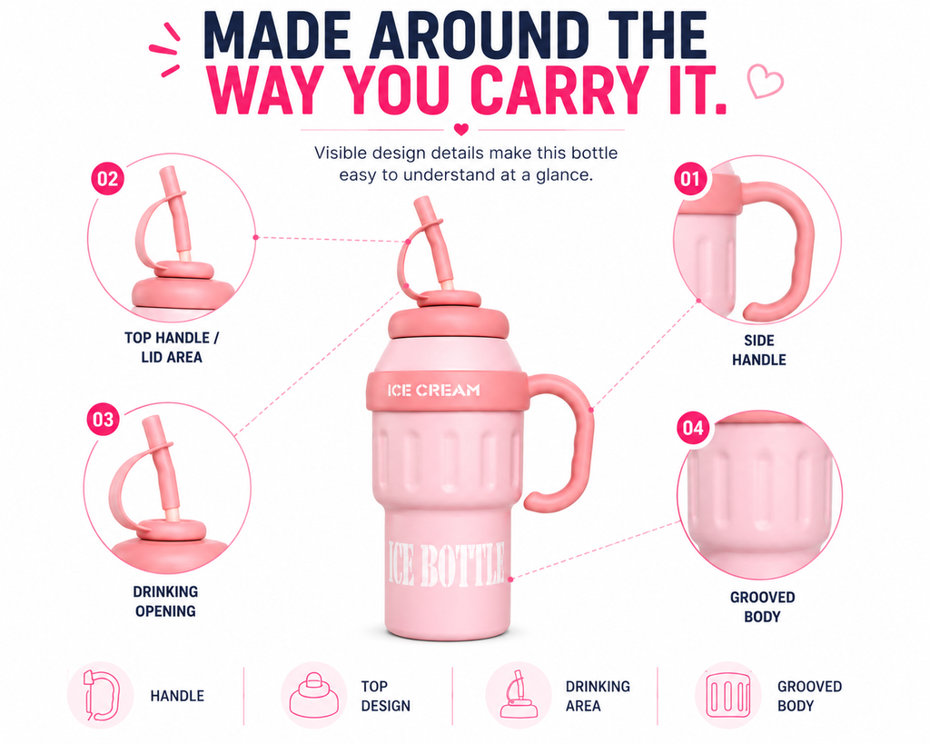 ce Cream Water Bottle for Kids – Cute Pink Drinking Bottle with Straw, Handle & Portable Design for School, Travel