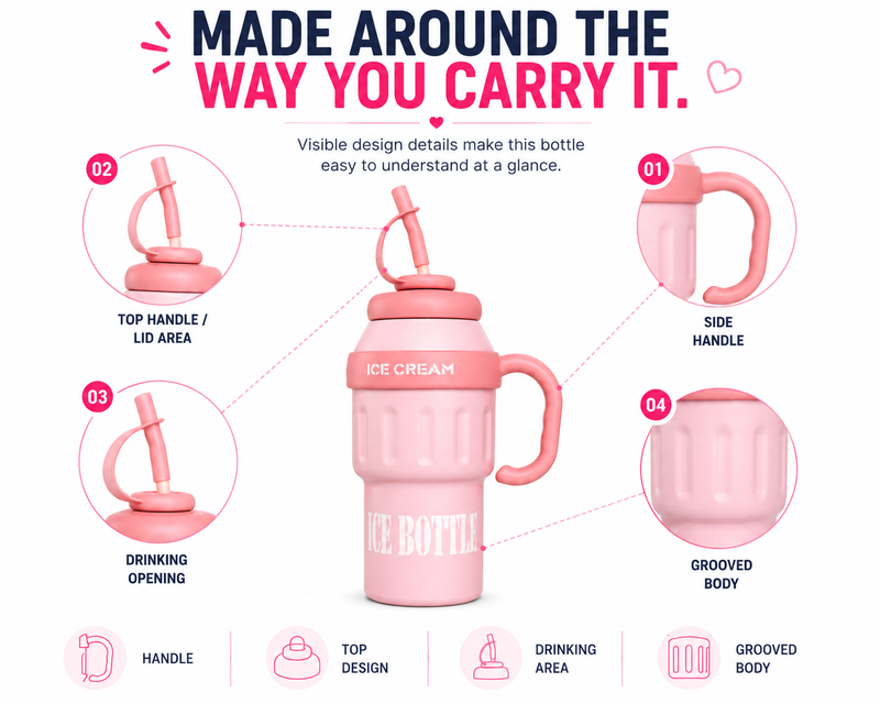 ce Cream Water Bottle for Kids – Cute Pink Drinking Bottle with Straw, Handle & Portable Design for School, Travel