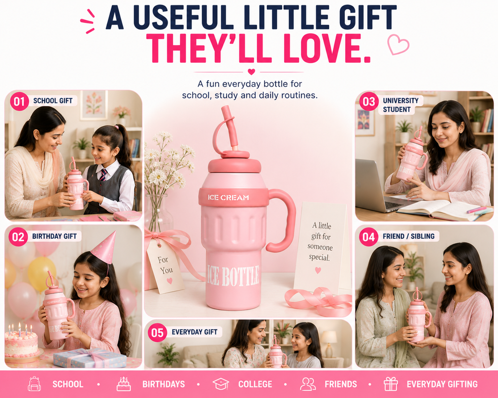 ce Cream Water Bottle for Kids – Cute Pink Drinking Bottle with Straw, Handle & Portable Design for School, Travel