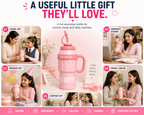 ce Cream Water Bottle for Kids – Cute Pink Drinking Bottle with Straw, Handle & Portable Design for School, Travel