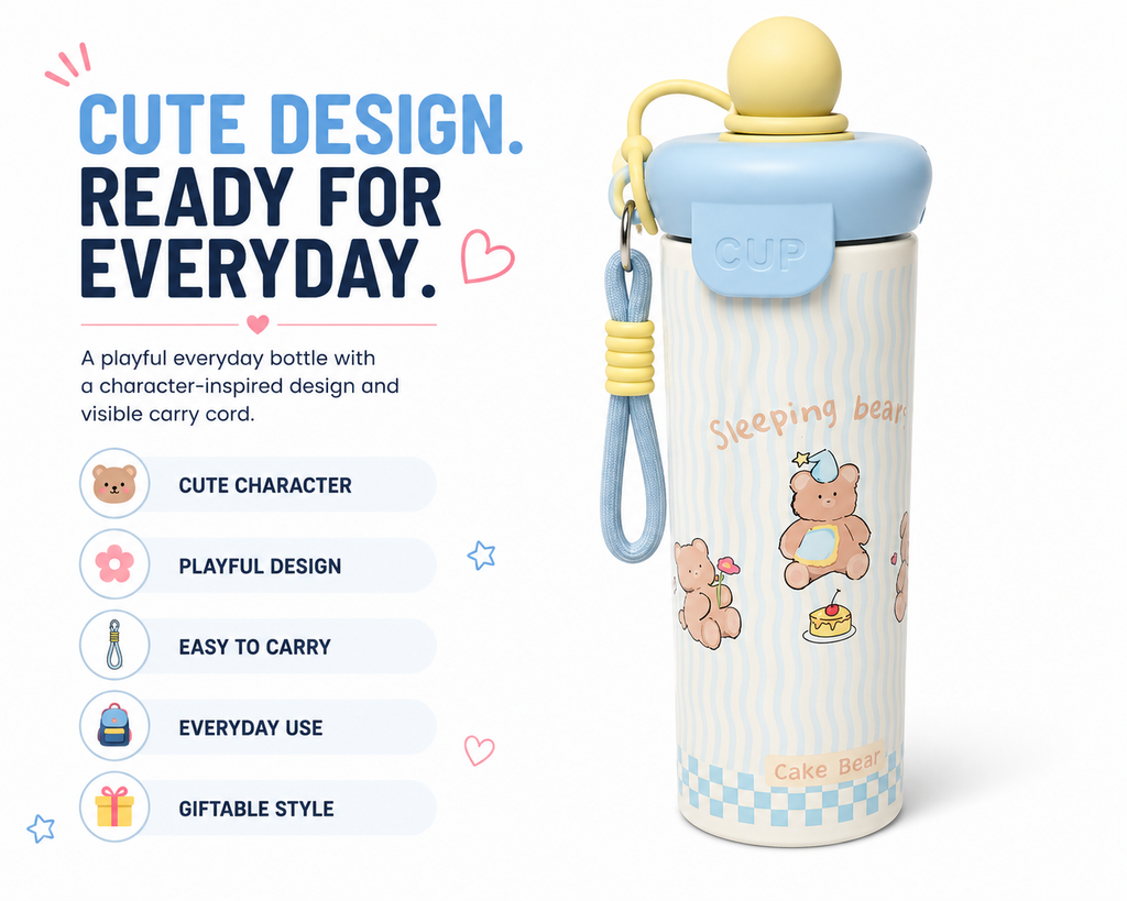 Cute Sleeping Bear Water Bottle for Kids – Fun Design with Carry Cord