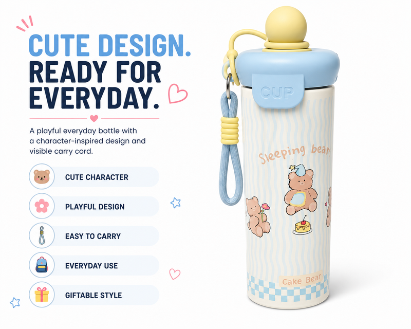 Cute Sleeping Bear Water Bottle for Kids – Fun Design with Carry Cord