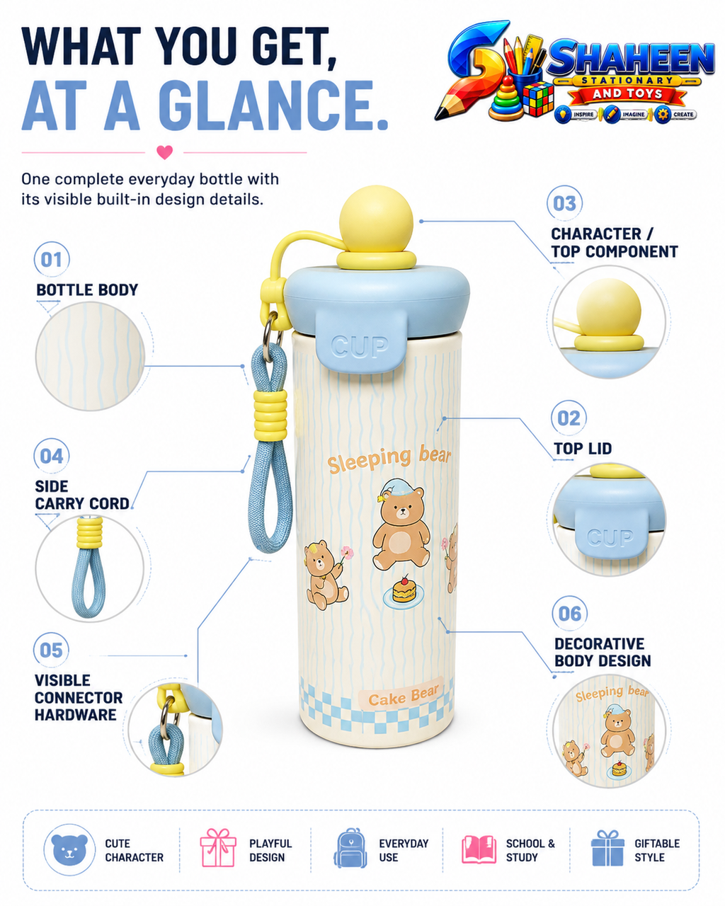 Cute Sleeping Bear Water Bottle for Kids – Fun Design with Carry Cord