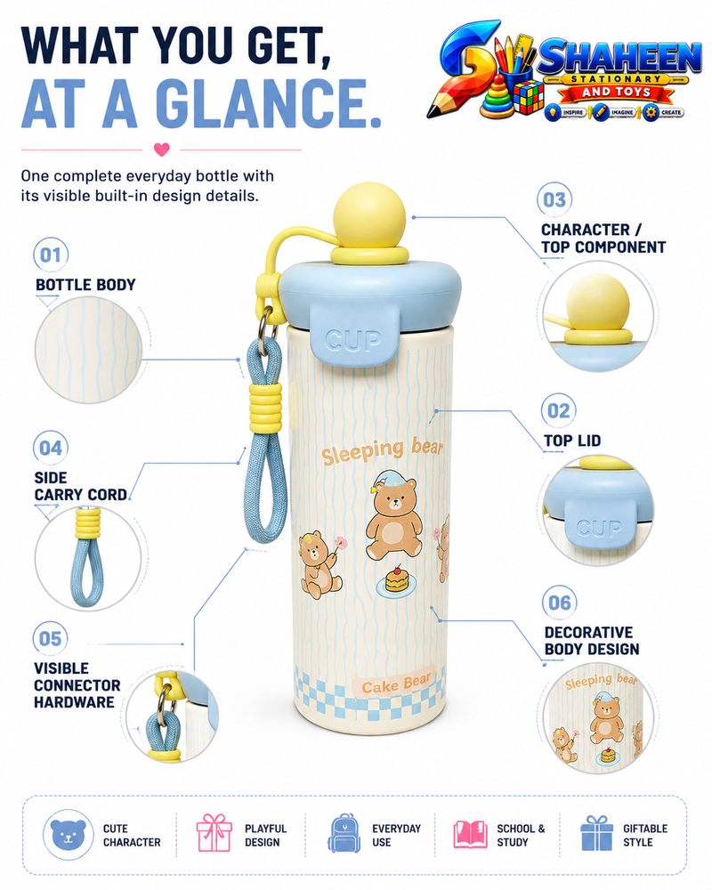 Cute Sleeping Bear Water Bottle for Kids – Fun Design with Carry Cord
