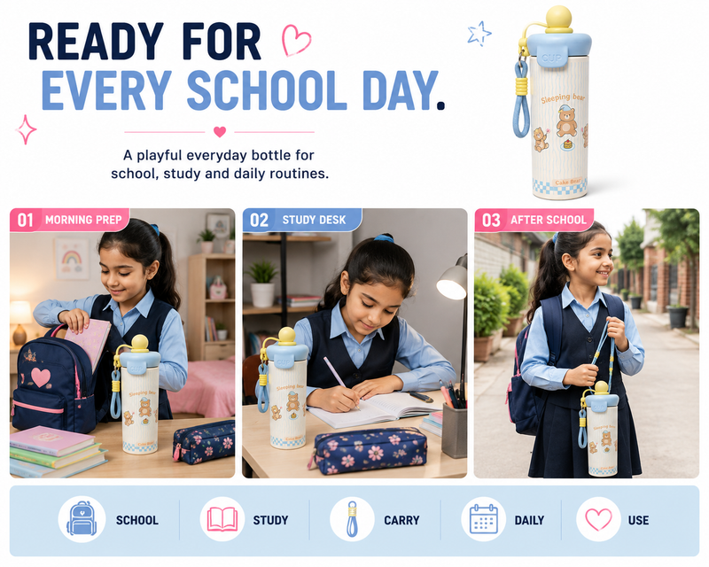 Cute Sleeping Bear Water Bottle for Kids – Fun Design with Carry Cord