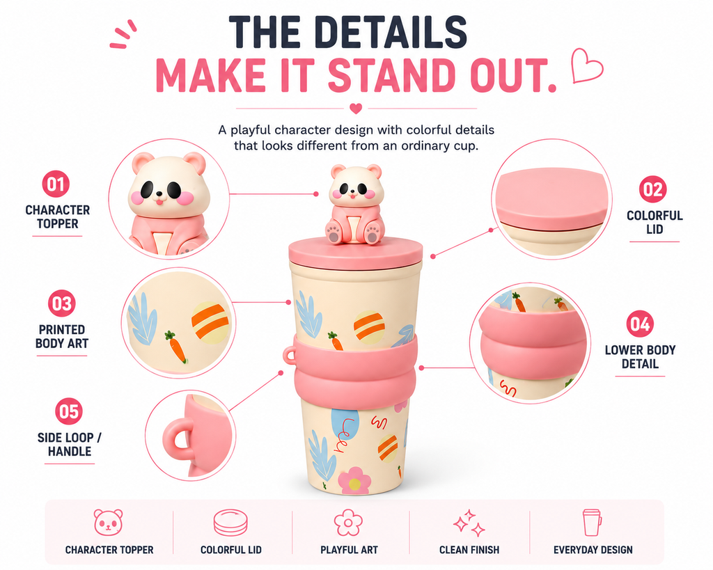 Cute Bear Kids Cup with Lid & Character Topper | Fun Drinking Cup