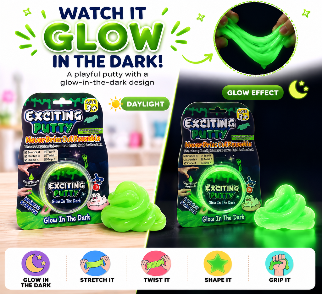 Glow in the Dark Putty for Kids – Stretch, Twist, Shape & Bounce Fun Toy | Reusable Sensory Play