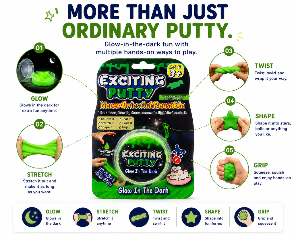 Glow in the Dark Putty for Kids – Stretch, Twist, Shape & Bounce Fun Toy | Reusable Sensory Play