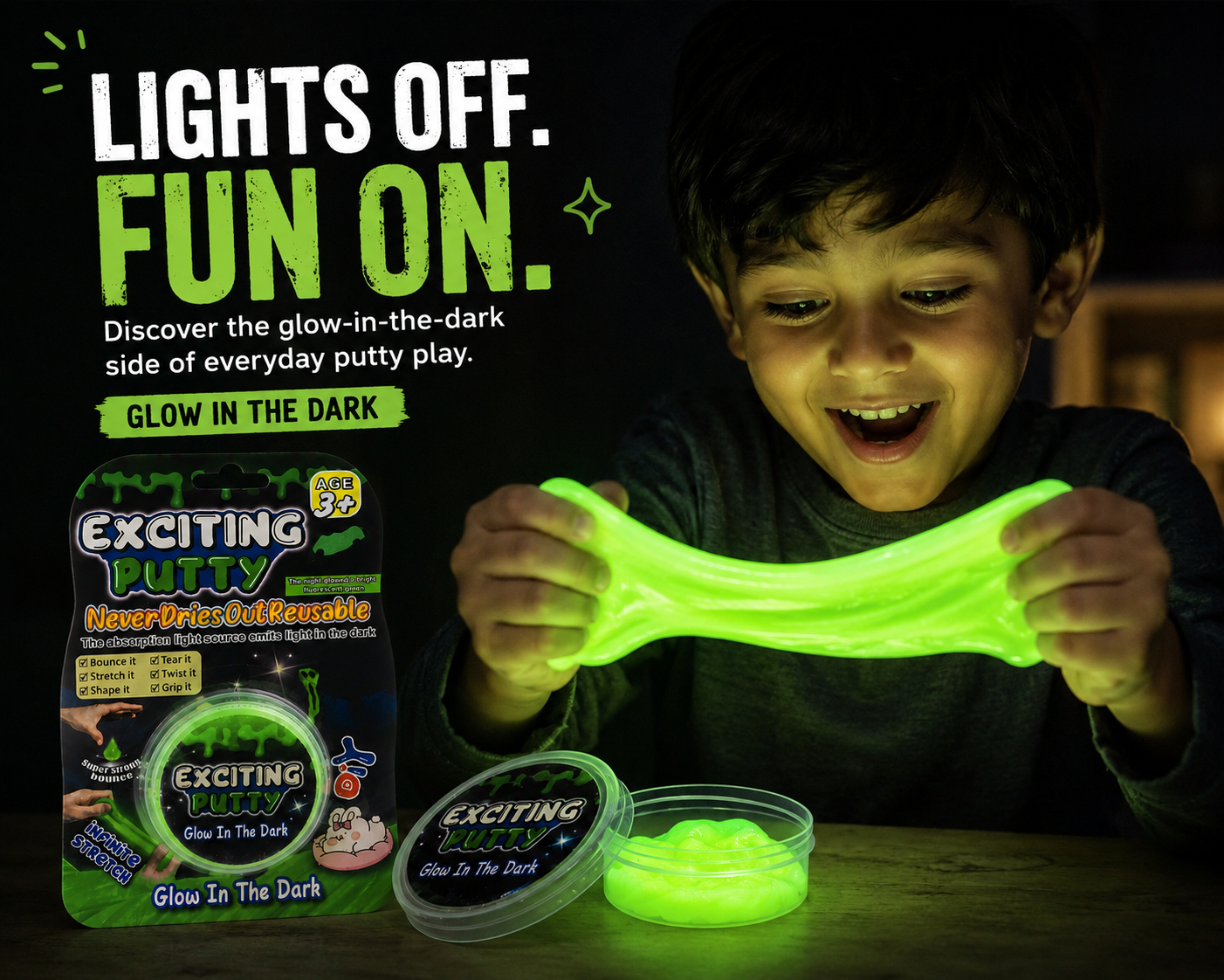 Glow in the Dark Putty for Kids – Stretch, Twist, Shape & Bounce Fun Toy | Reusable Sensory Play