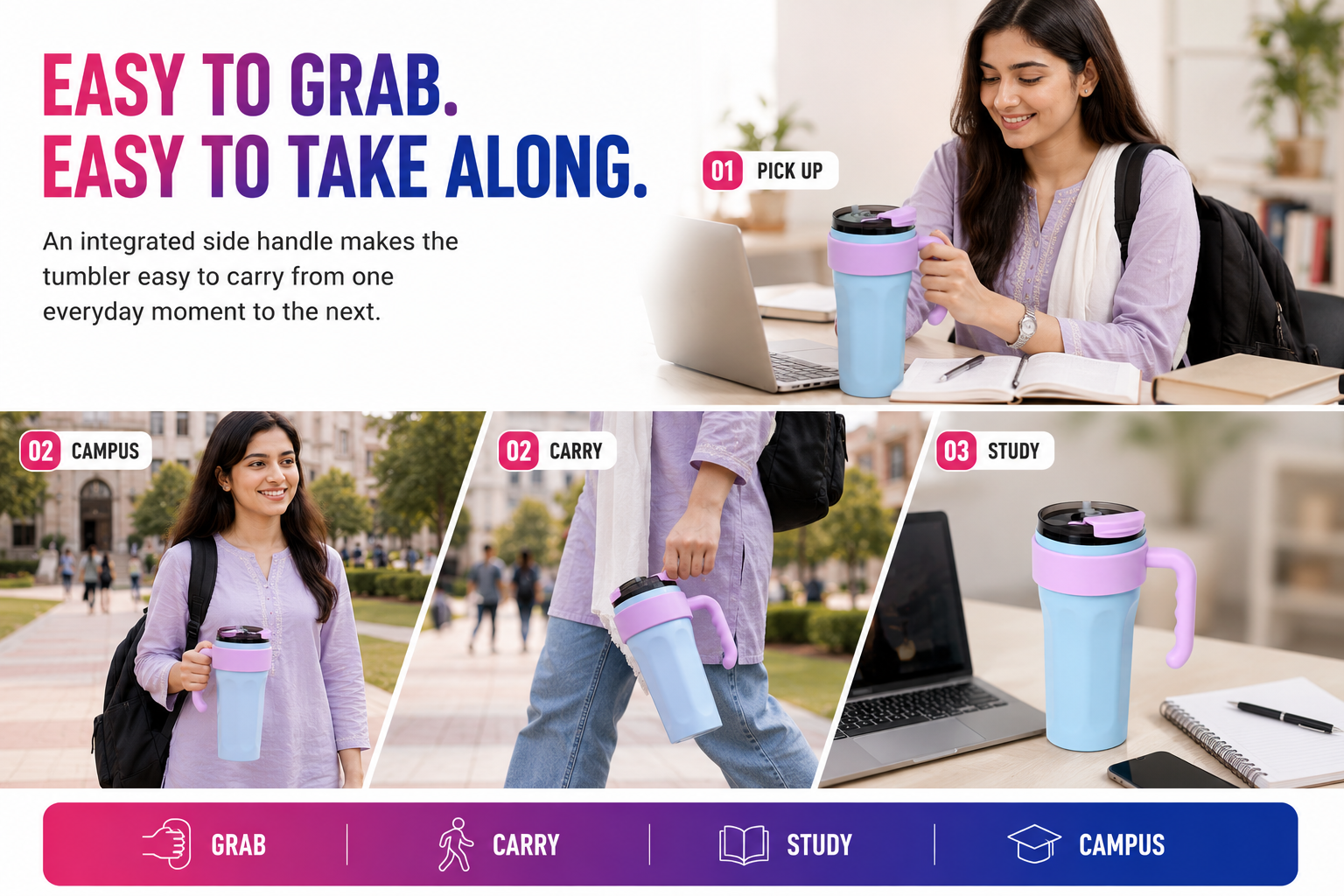 Stylish Everyday Tumbler with Handle – Cute Pastel Design | Easy to Carry