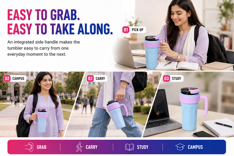 Stylish Everyday Tumbler with Handle – Cute Pastel Design | Easy to Carry