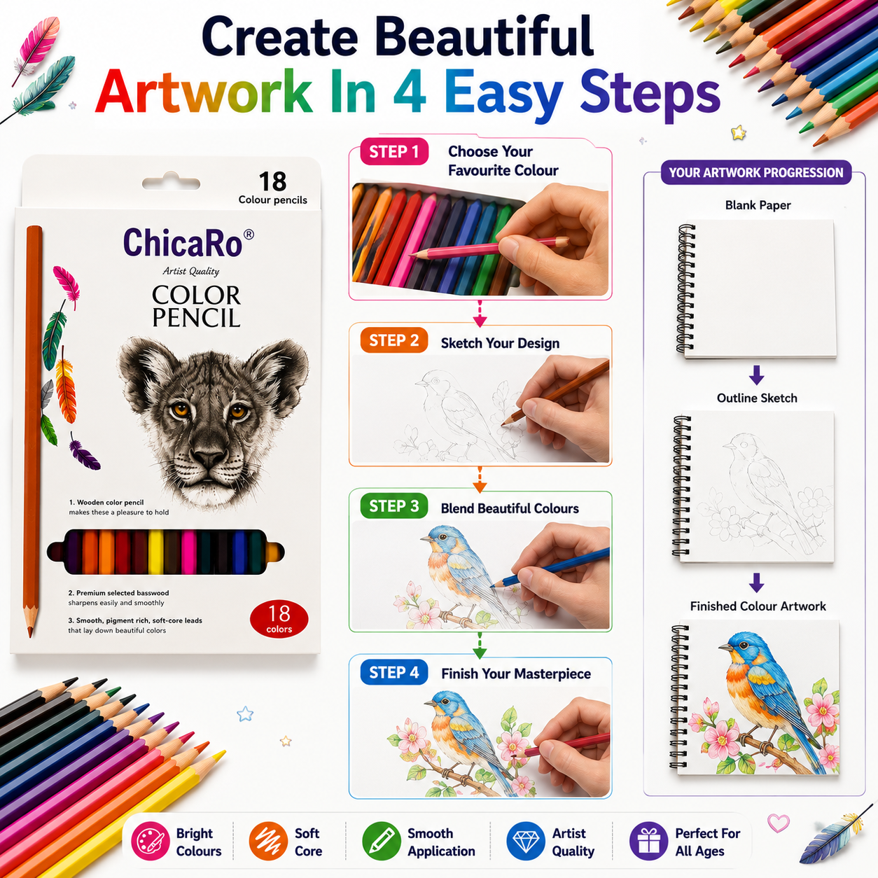 Artist Quality 18-Colour Pencil Set – Smooth, Rich & Easy-to-Sharpen Pencils for Creative Artwork
