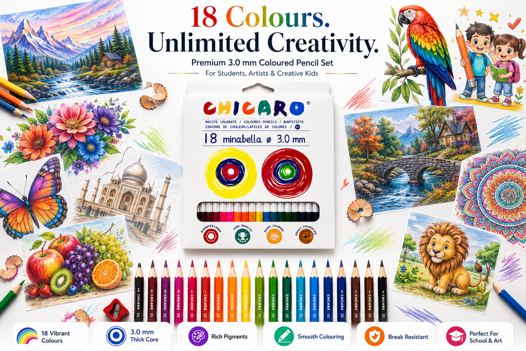 18-Piece ChicaRo Colour Pencil Set for Kids, Bright & Highly Pigmented Colouring Pencils with 3.0mm Thick Leads