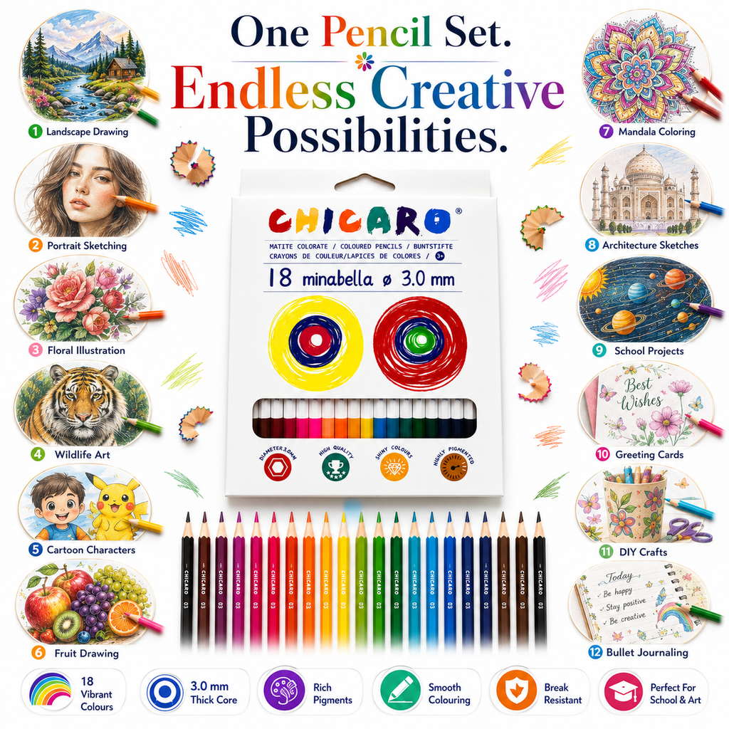 18-Piece ChicaRo Colour Pencil Set for Kids, Bright & Highly Pigmented Colouring Pencils with 3.0mm Thick Leads