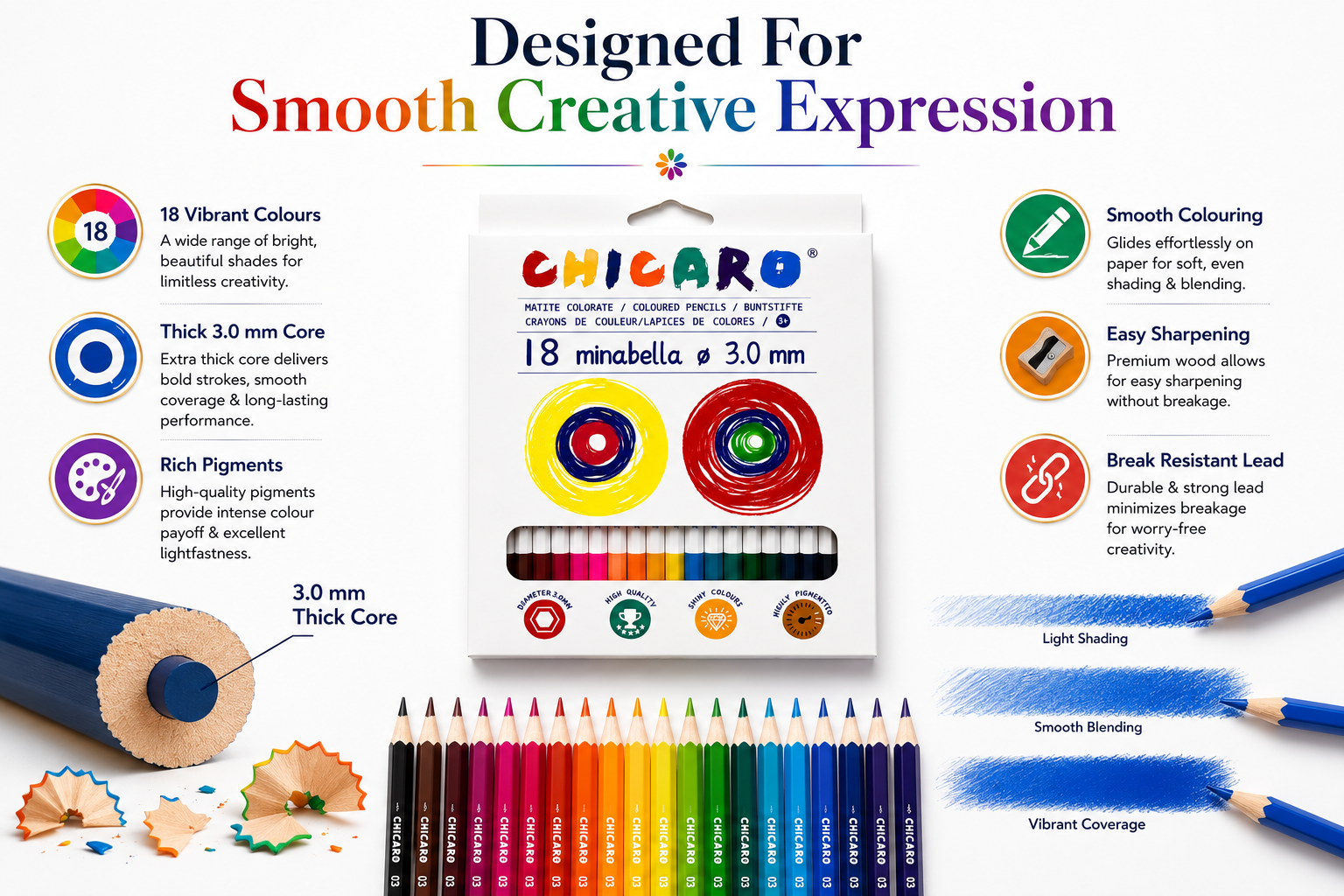 18-Piece ChicaRo Colour Pencil Set for Kids, Bright & Highly Pigmented Colouring Pencils with 3.0mm Thick Leads