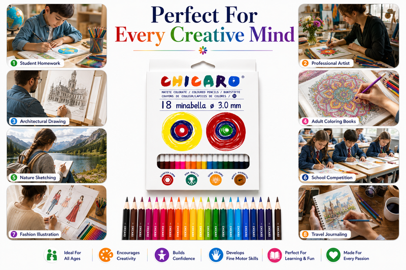 18-Piece ChicaRo Colour Pencil Set for Kids, Bright & Highly Pigmented Colouring Pencils with 3.0mm Thick Leads
