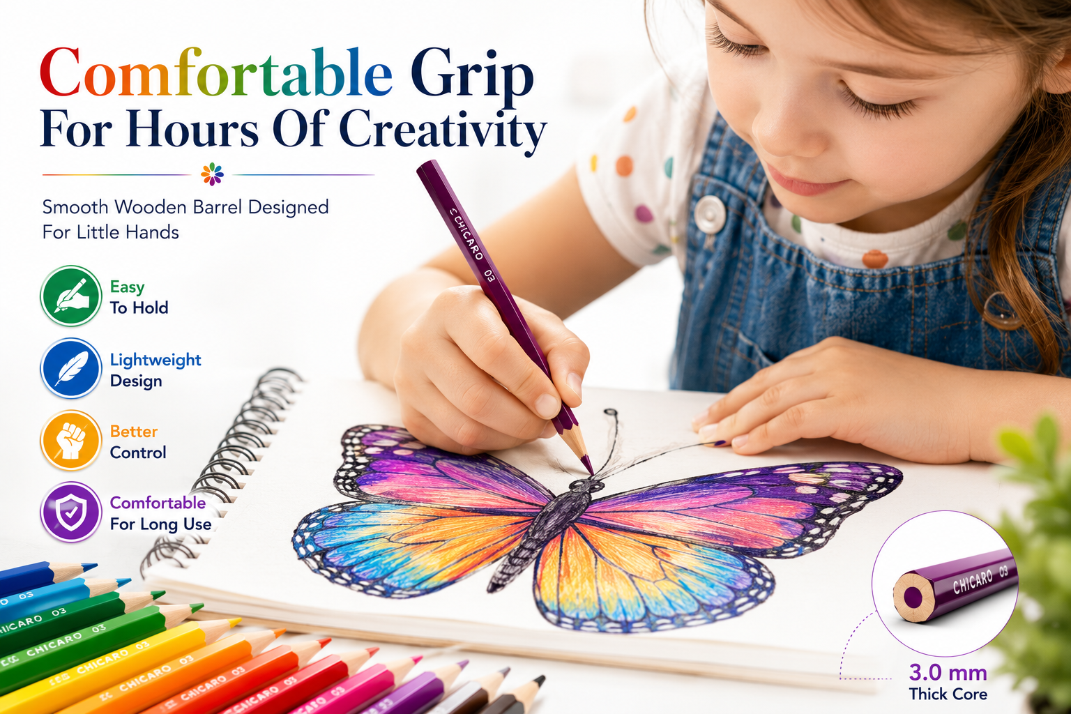 18-Piece ChicaRo Colour Pencil Set for Kids, Bright & Highly Pigmented Colouring Pencils with 3.0mm Thick Leads