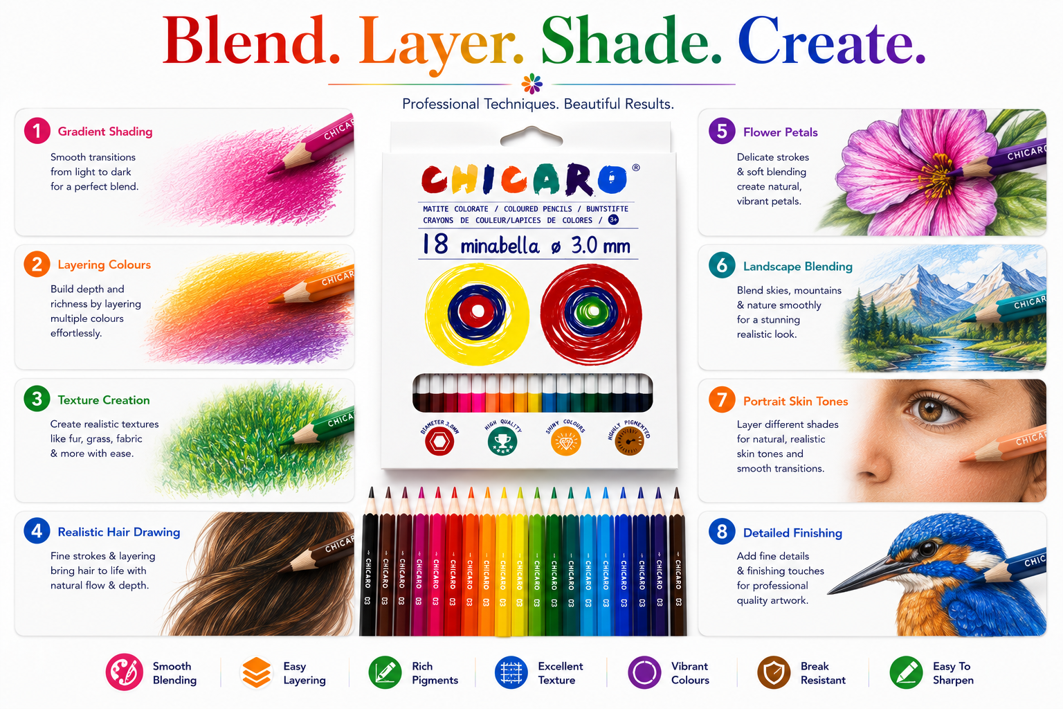 18-Piece ChicaRo Colour Pencil Set for Kids, Bright & Highly Pigmented Colouring Pencils with 3.0mm Thick Leads