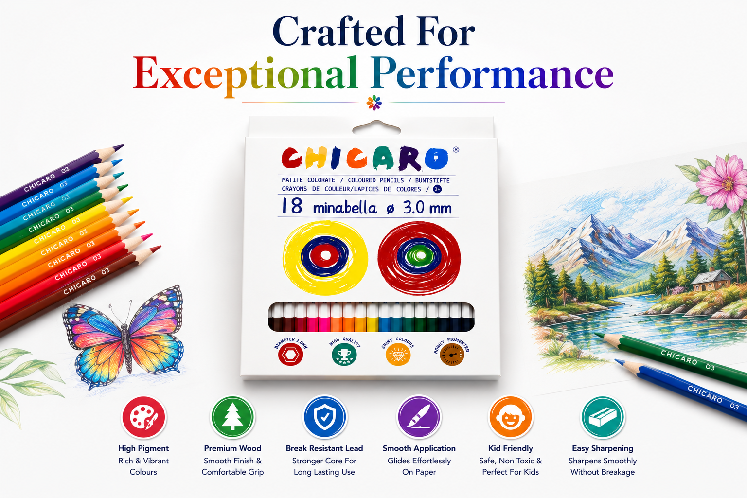 18-Piece ChicaRo Colour Pencil Set for Kids, Bright & Highly Pigmented Colouring Pencils with 3.0mm Thick Leads