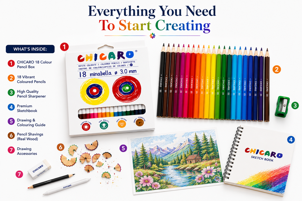 18-Piece ChicaRo Colour Pencil Set for Kids, Bright & Highly Pigmented Colouring Pencils with 3.0mm Thick Leads