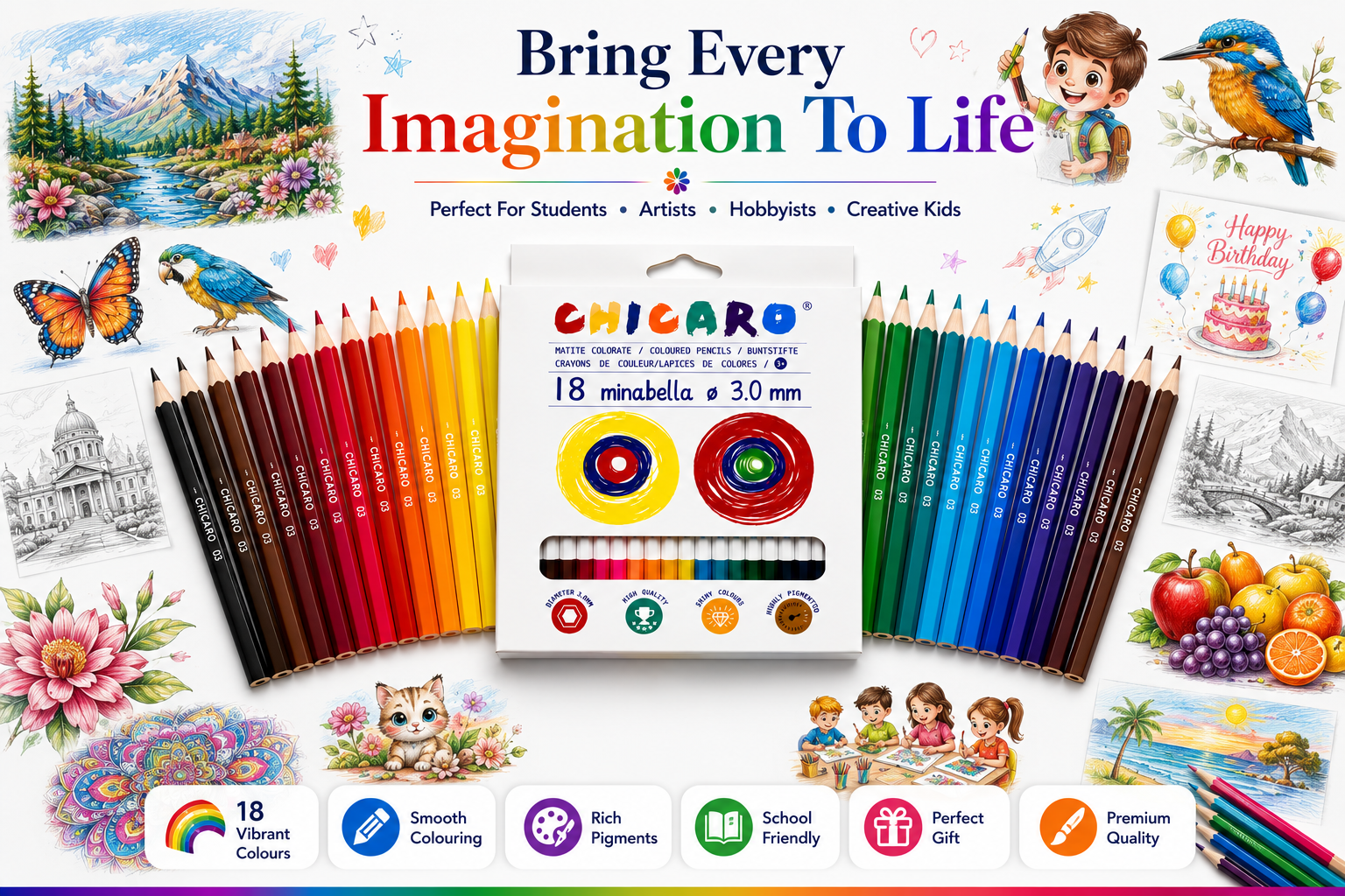 18-Piece ChicaRo Colour Pencil Set for Kids, Bright & Highly Pigmented Colouring Pencils with 3.0mm Thick Leads