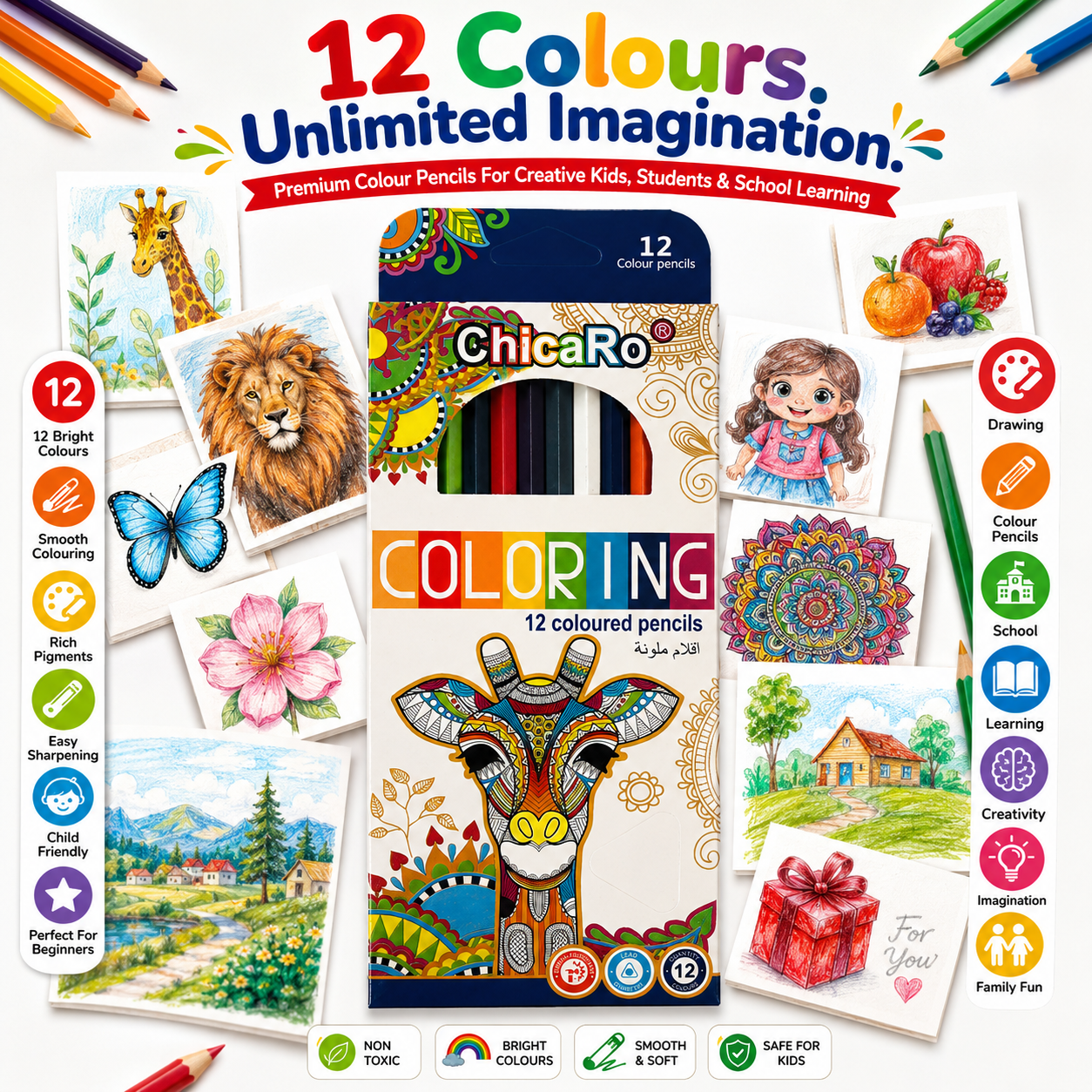 ChicaRo 12-Colour Pencils – Vibrant Colouring Set for Kids, Students, Drawing & Creative Projects