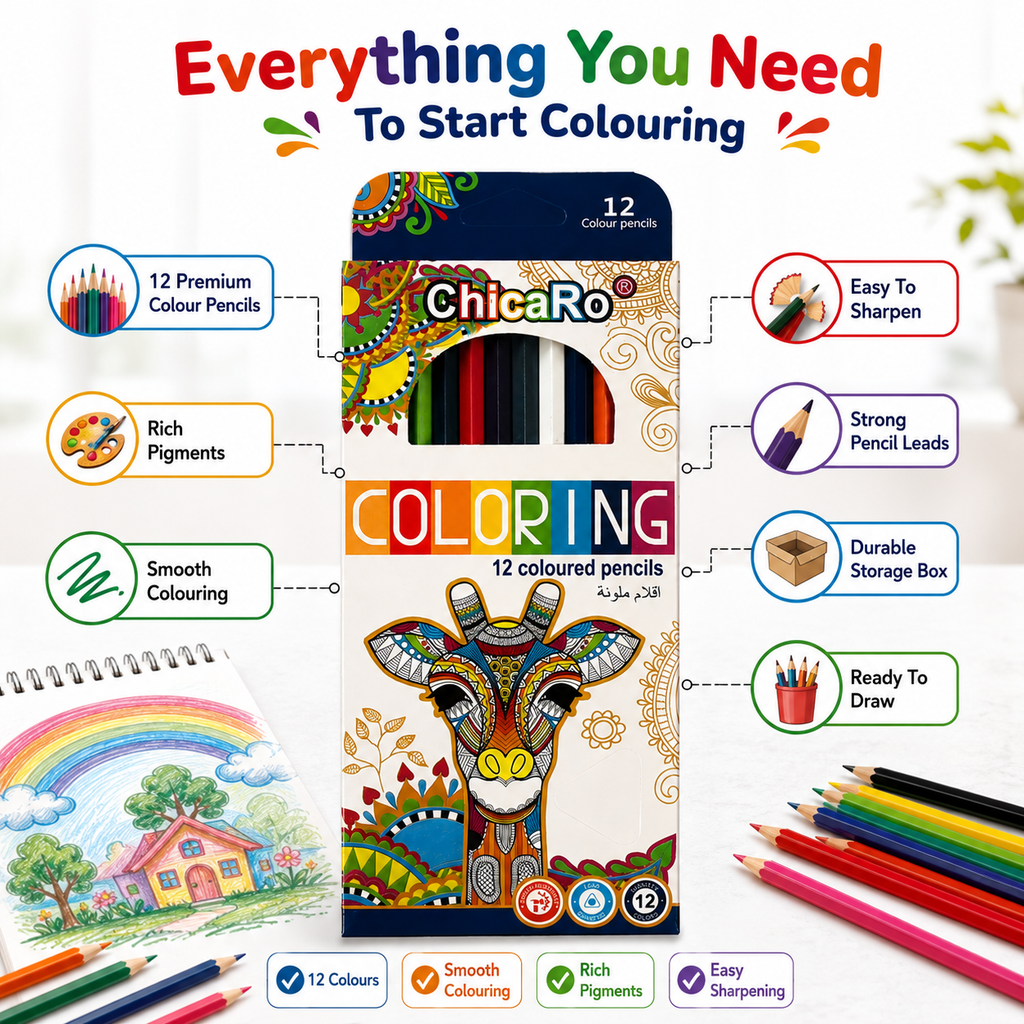 ChicaRo 12-Colour Pencils – Vibrant Colouring Set for Kids, Students, Drawing & Creative Projects