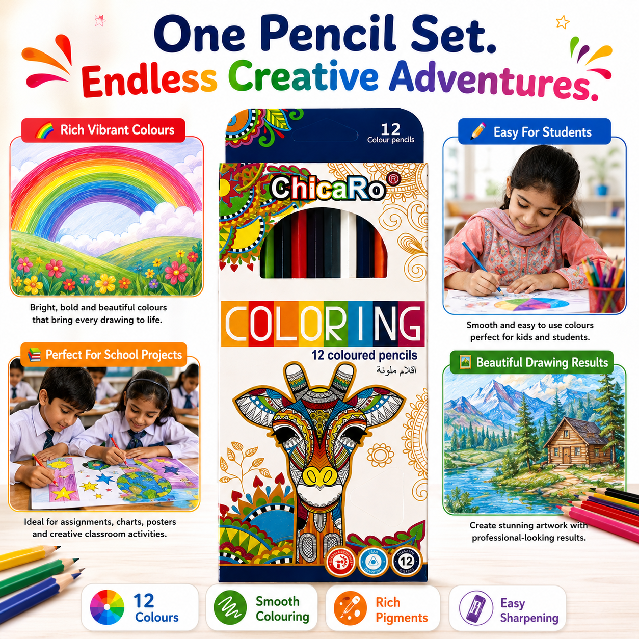 ChicaRo 12-Colour Pencils – Vibrant Colouring Set for Kids, Students, Drawing & Creative Projects