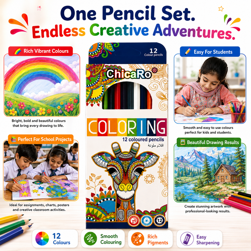 ChicaRo 12-Colour Pencils – Vibrant Colouring Set for Kids, Students, Drawing & Creative Projects